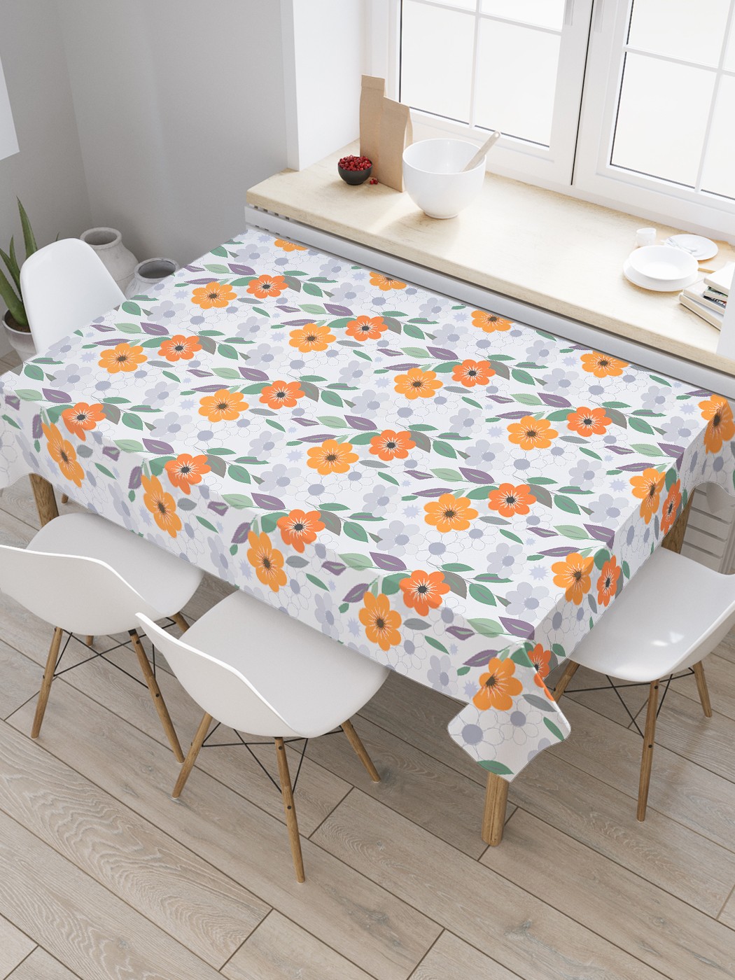 

Скатерть прямоугольная JoyArty на кухонный стол "Парные цветы" из оксфорда, 180x145 см, Оранжевый, Парные цветы