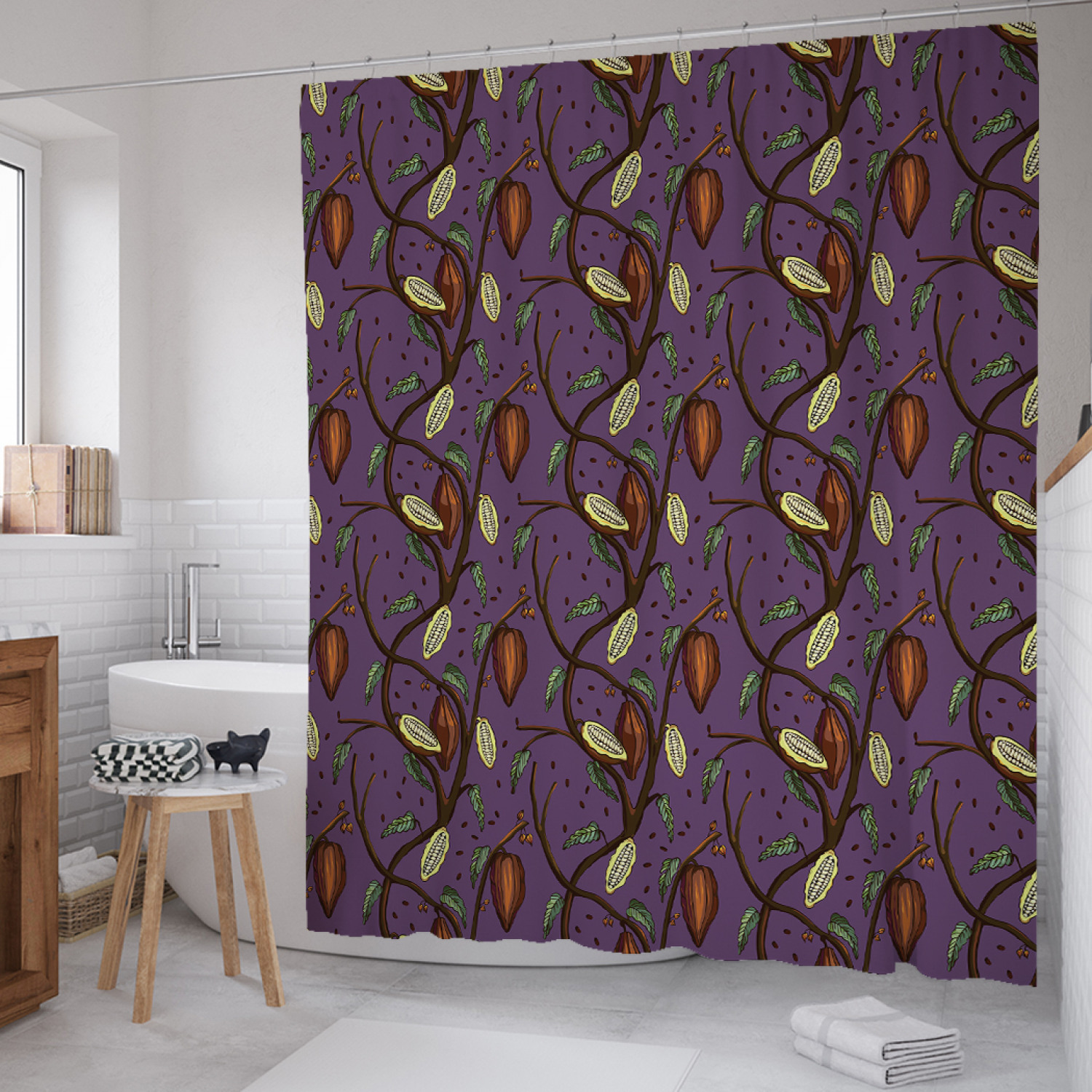 

Штора для ванной JoyArty "Растение какао" из сатена, 180х200 см с крючками, Фиолетовый, Растение какао