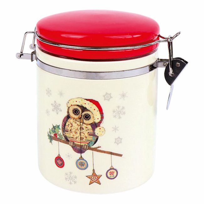 

Банка для сыпучих продуктов Owl Christmas с клипсой 700 мл, Белый;красный