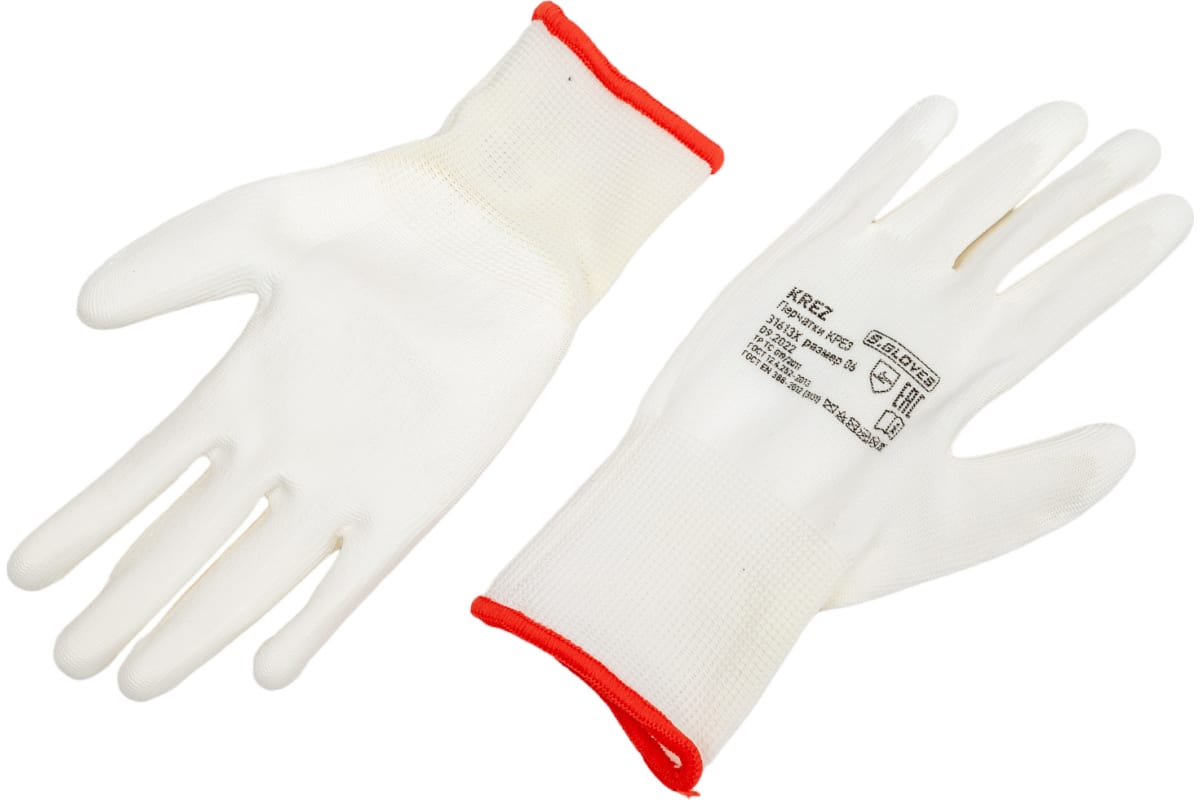 S. GLOVES Перчатки нейлоновые с полиур.покр.KREZ белые 06 размер 31613-06