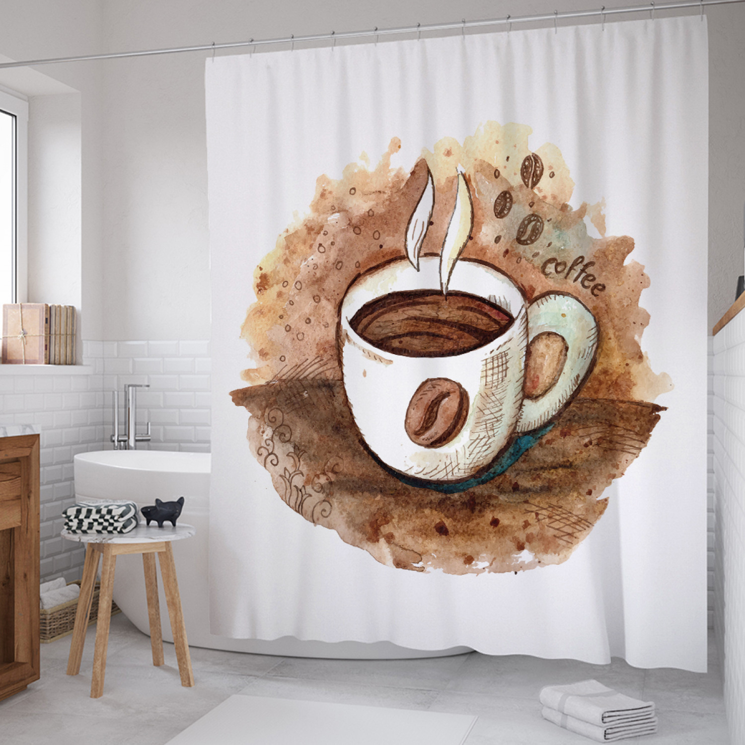 

Штора для ванной JoyArty "Чашка кофе" из сатена, 180х200 см с крючками, Белый, Чашка кофе