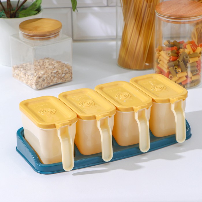 

Набор банок для сыпучих продуктов, 4 шт, на подставке, 29,5×11,5×9 см, 4 ложки, цвет МИКС