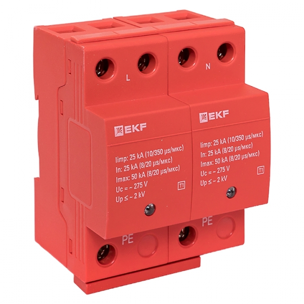 Устройство защиты от импульсных перенапряжений EKF Класс 1 Iimp 25kA (10/350?s) 2P устройство защиты от импульсных перенапряжений ekf iimp 25ka 10 350 s 4p spd t1 25 4p