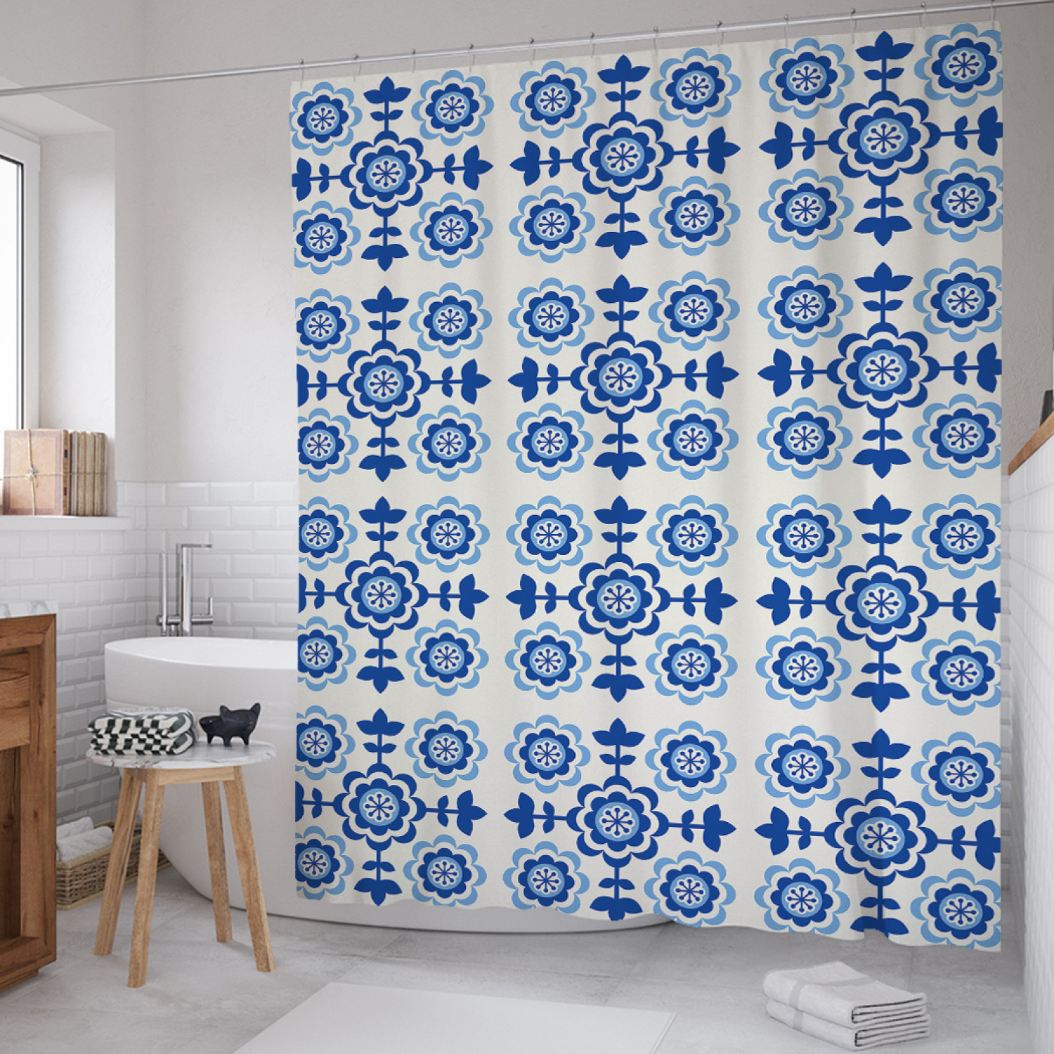 

Штора для ванной JoyArty "Простота азулежу" из сатена, 180х200 см с крючками, Голубой, Простота азулежу