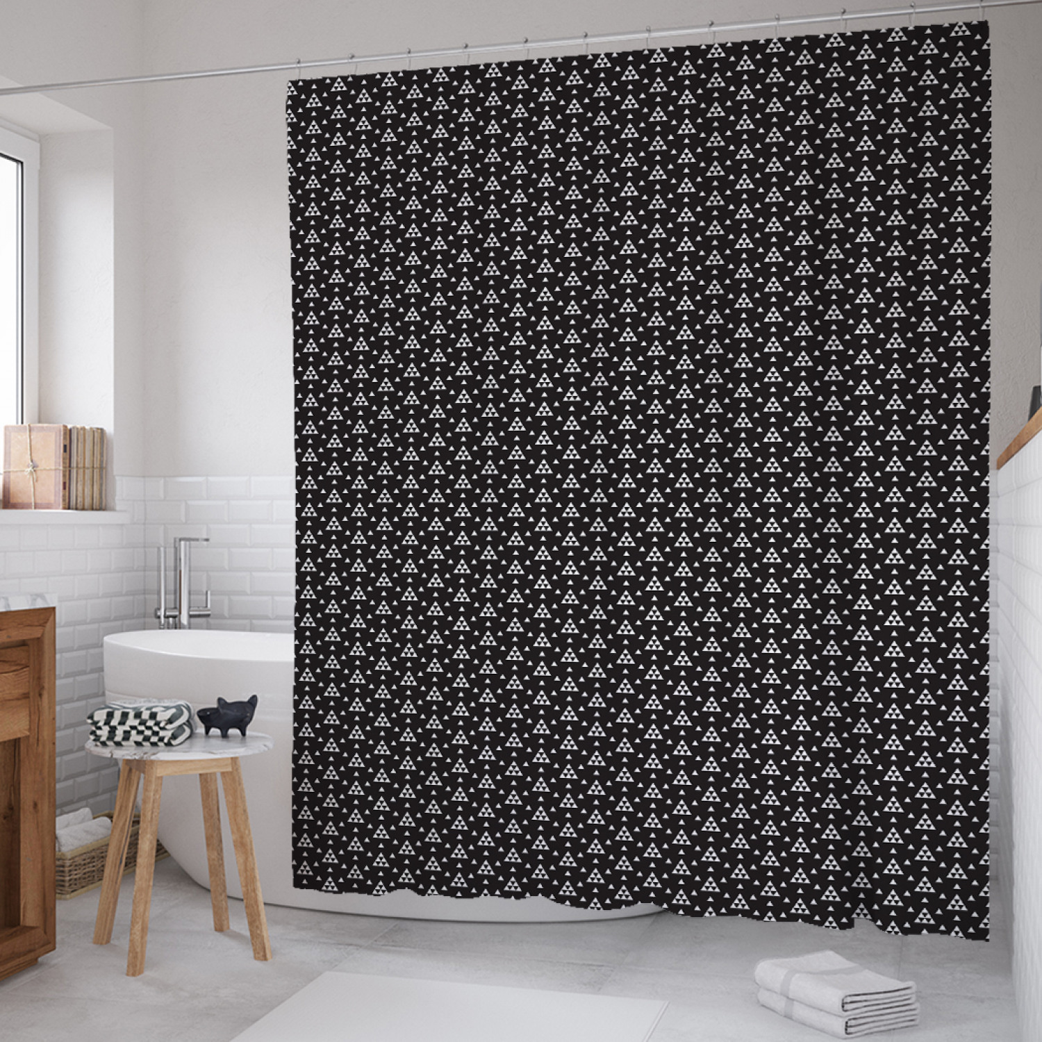 

Штора для ванной JoyArty "Треугольные пирамиды" из сатена, 180х200 см с крючками, Черный, Треугольные пирамиды