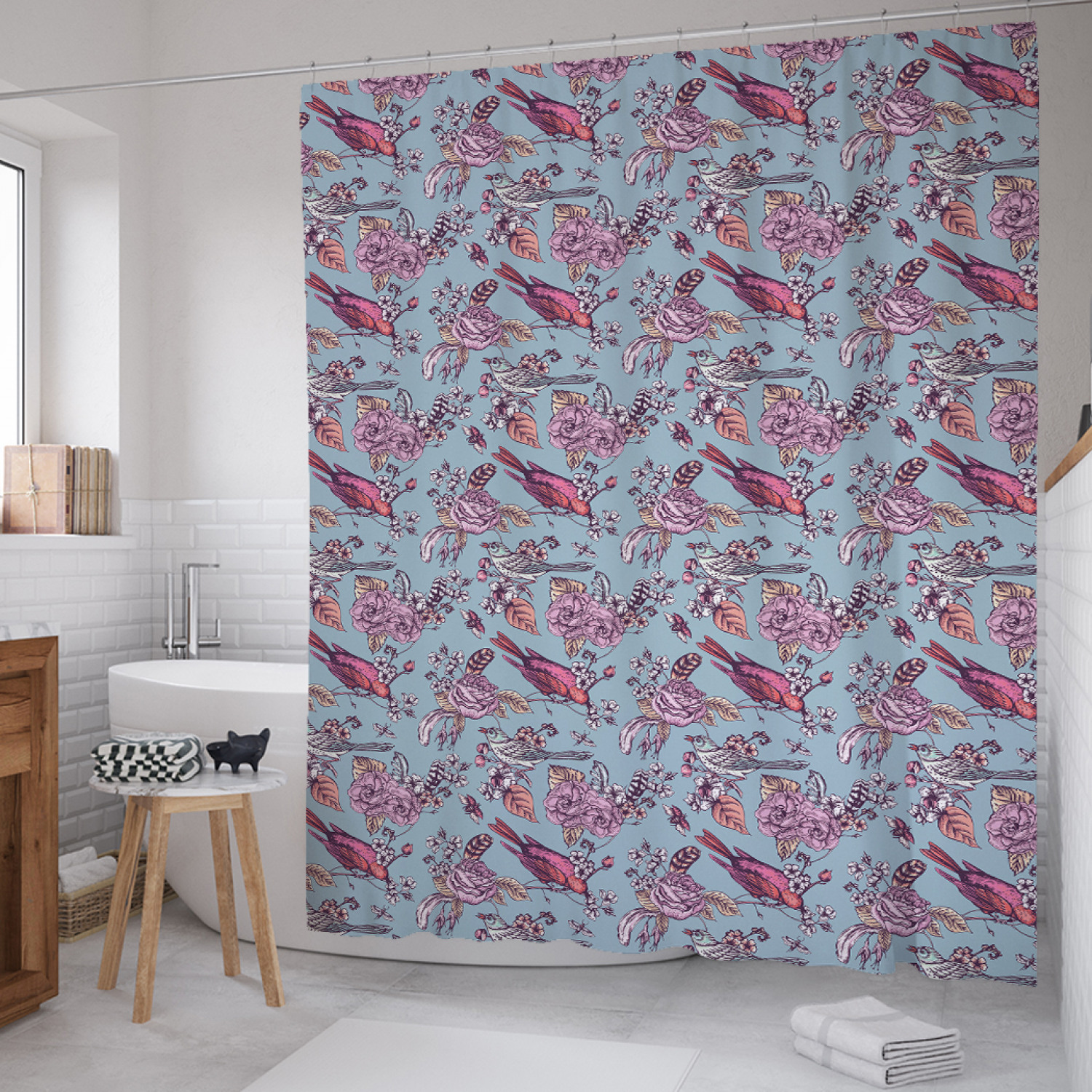 

Штора для ванной JoyArty "Цветы среди птиц" из сатена, 180х200 см с крючками, Голубой, Цветы среди птиц