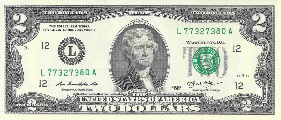 фото Банкнота 2 доллара сша, калифорния (12), 2013 г.в., unc mon loisir