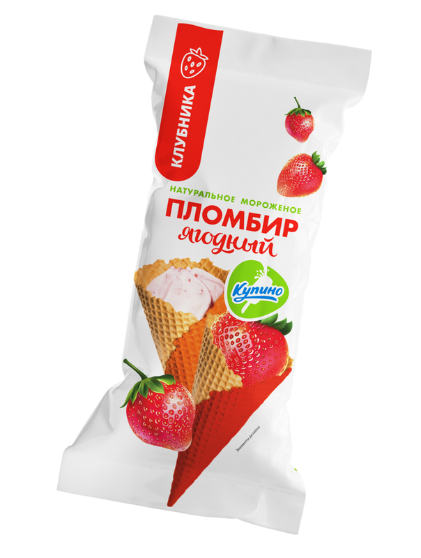 

Мороженое Купино пломбир с клубничным наполнителем в вафельном рожке двухцветном 12%, 95г