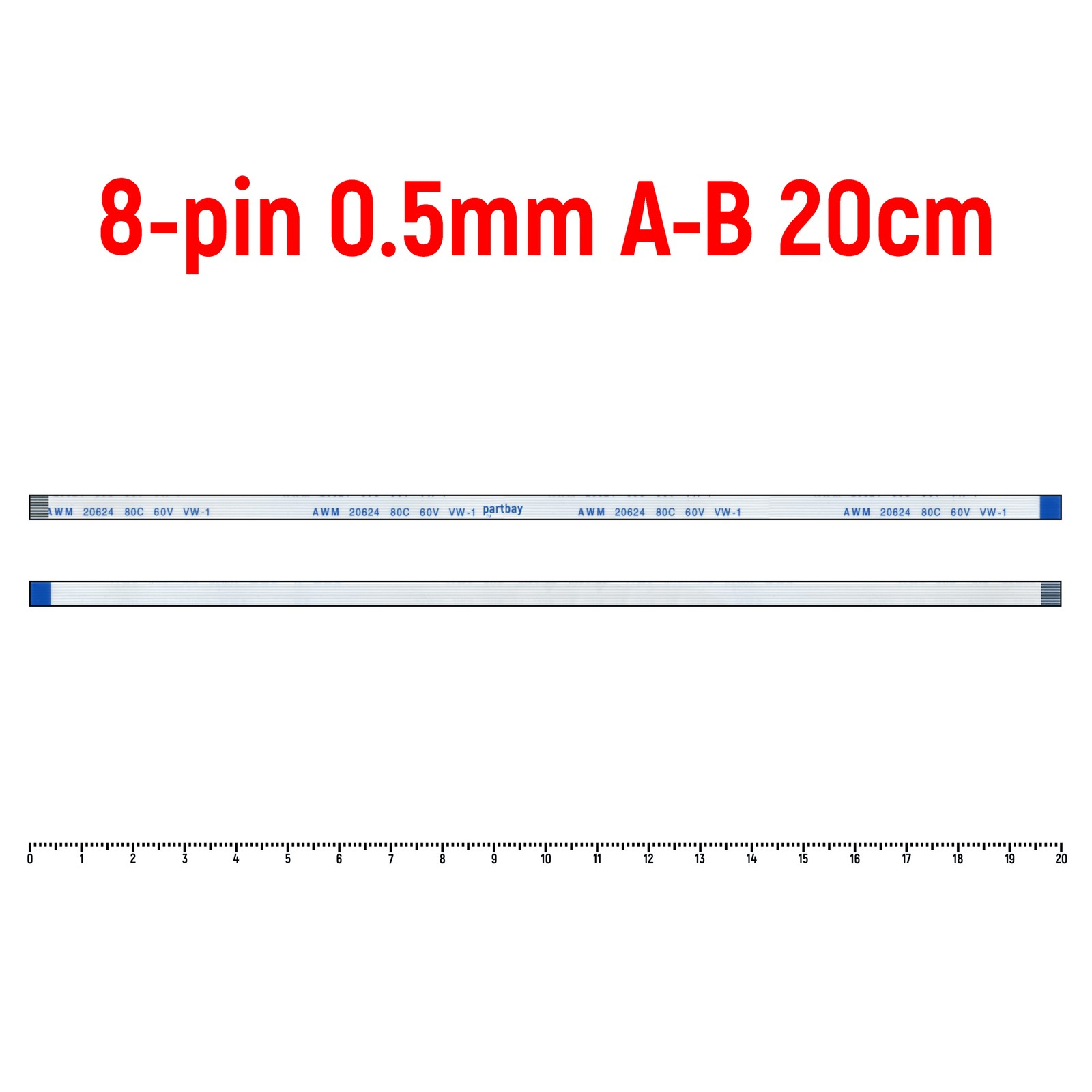 

Шлейф FFC 8-pin Шаг 0.5mm Длина 20cm Обратный A-B AWM 20624 80C 60V VW-1