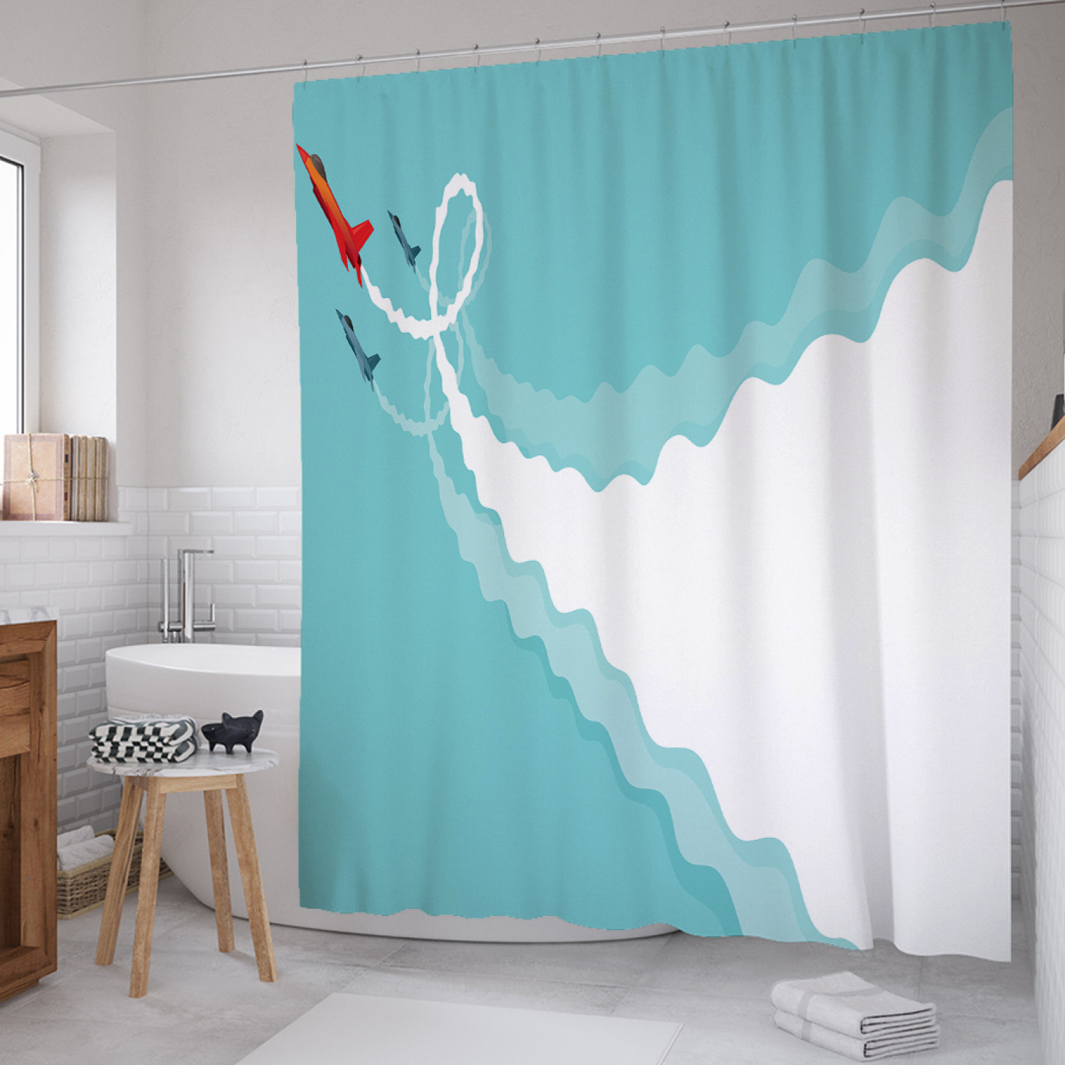 

Штора для ванной JoyArty "Мертвая петля" из сатена, 180х200 см с крючками, Голубой, Мертвая петля