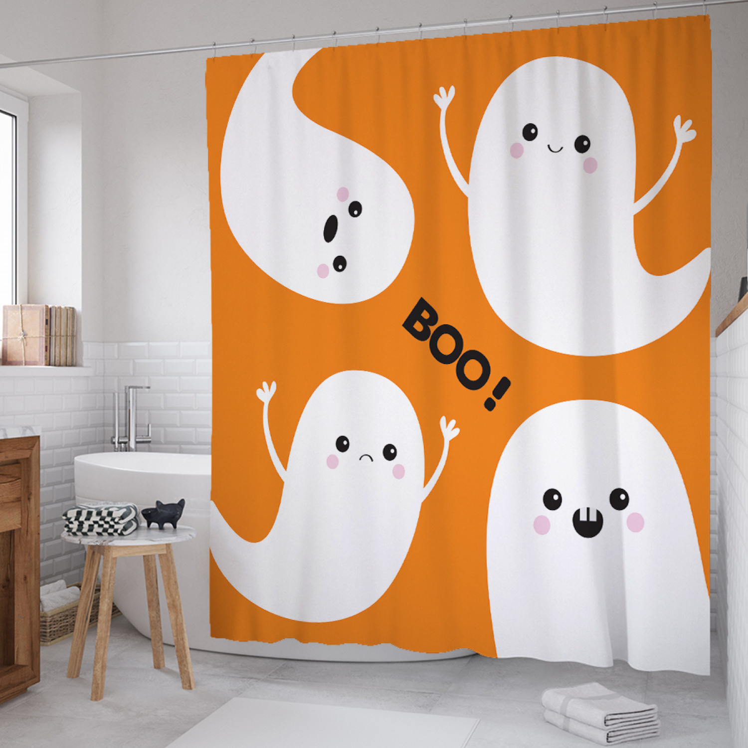 

Штора для ванной JoyArty "Молодые приведения" из сатена, 180х200 см с крючками, Оранжевый, Молодые приведения