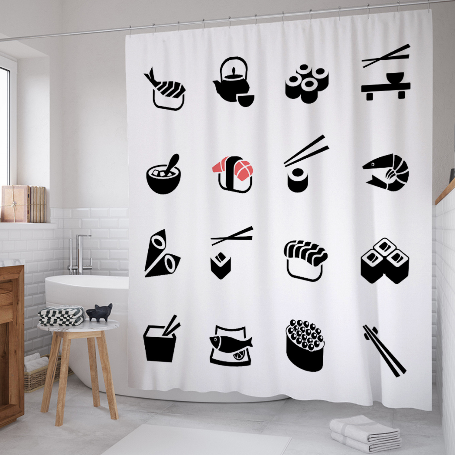 

Штора для ванной JoyArty "Выбор японских блюд" из сатена, 180х200 см с крючками, Белый, Выбор японских блюд