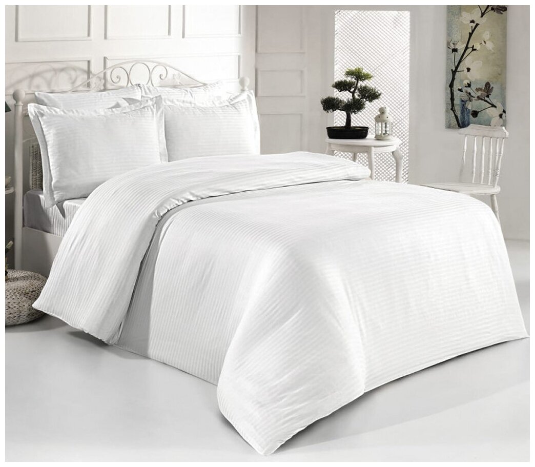 Комплект постельного белья Семейный из страйп сатина премиум (100 % хлопок) Шампань