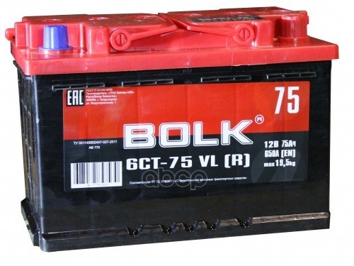 Аккумулятор Bolk Standart 75 А/Ч Прямая L+ 277x175x190 En600 А BOLK арт. AB 751