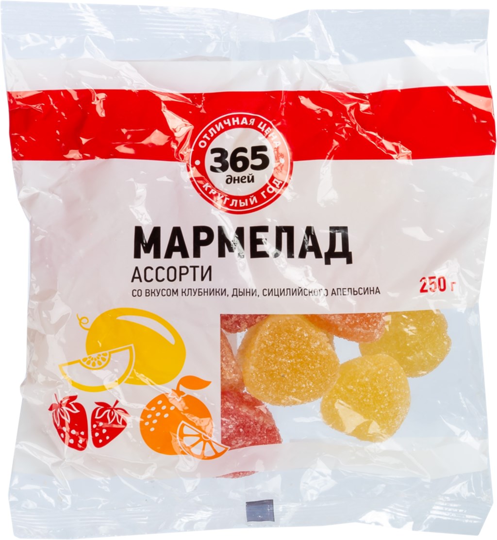 

Мармелад Каприз желейно-формовой ассорти со вкусом клубники дыни апельсина 250 г