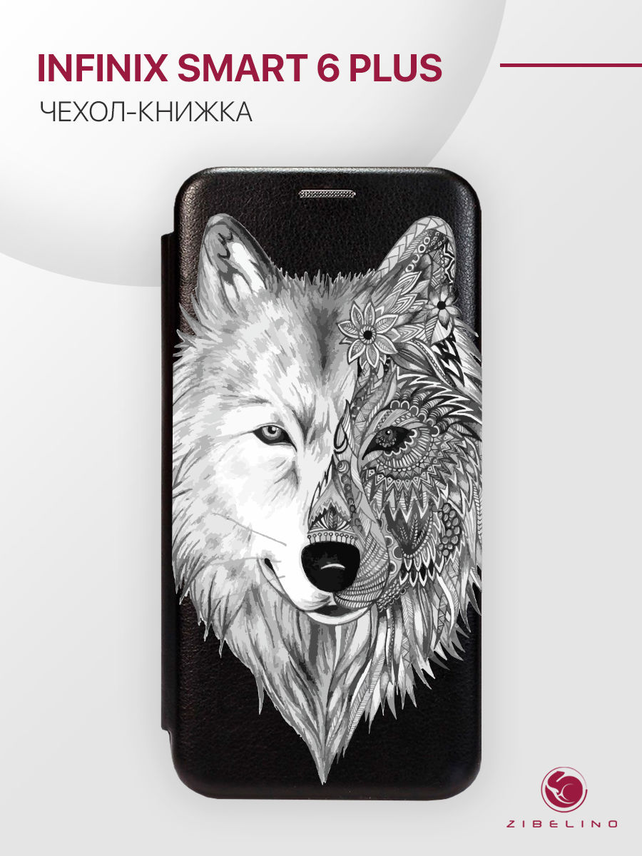 

Чехол для Infinix Smart 6 Plus с магнитом, черный с принтом ВОЛК ОРНАМЕНТ, ZB-INF-S6-PL
