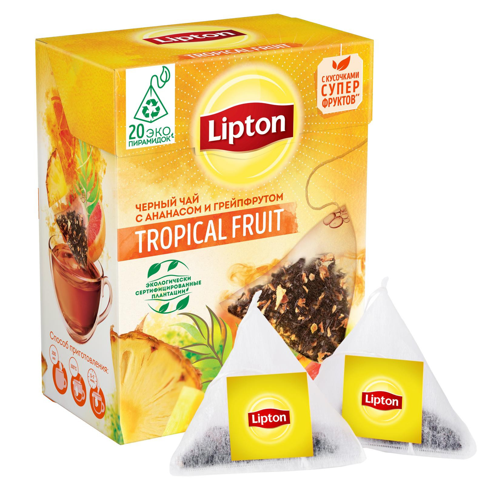 фото Чай черный lipton tropical fruit в пирамидках 1,8 г х 20 шт