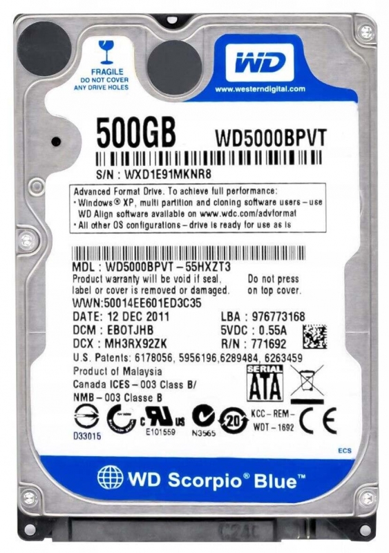 

Жесткий диск Western Digital WD5000BPVT 500Gb 5400 SATAII 2,5" HDD, WD5000BPVT