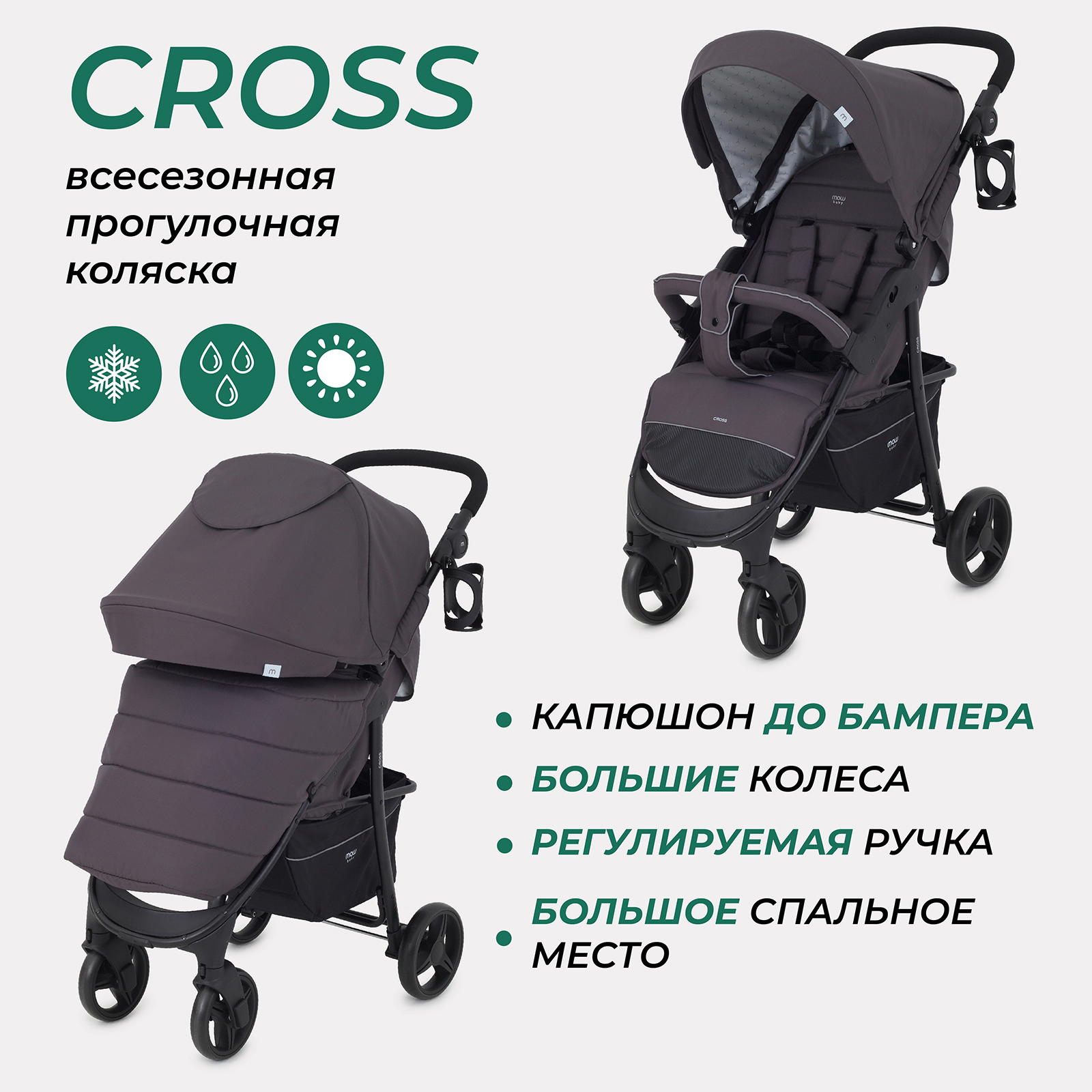 Коляска детская MOWBaby Cross RA080 Carbon 2024, 6м+