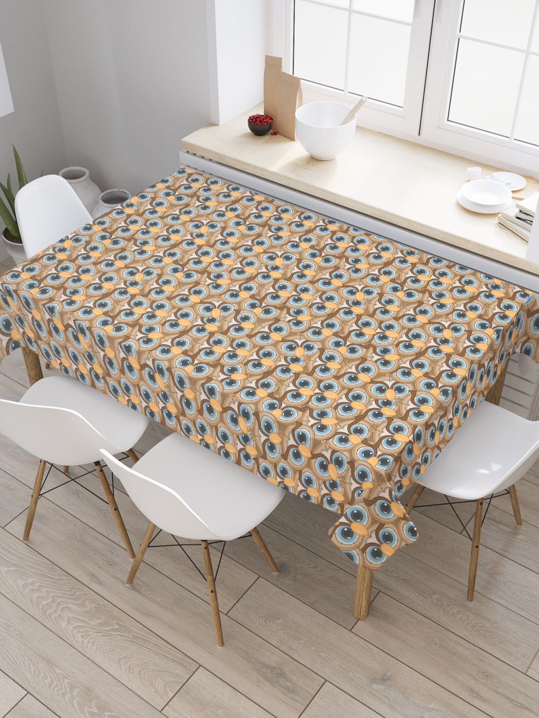 

Скатерть прямоугольная JoyArty на кухонный стол "Глазастые совы" из оксфорда, 180x145 см, Желтый, Глазастые совы