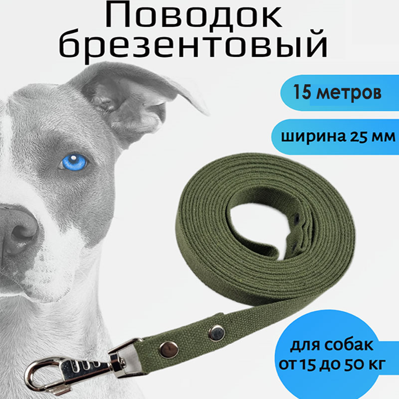 Поводок для собак Хвостатыч с карабином, брезент, зеленый, 15 м х 25 мм