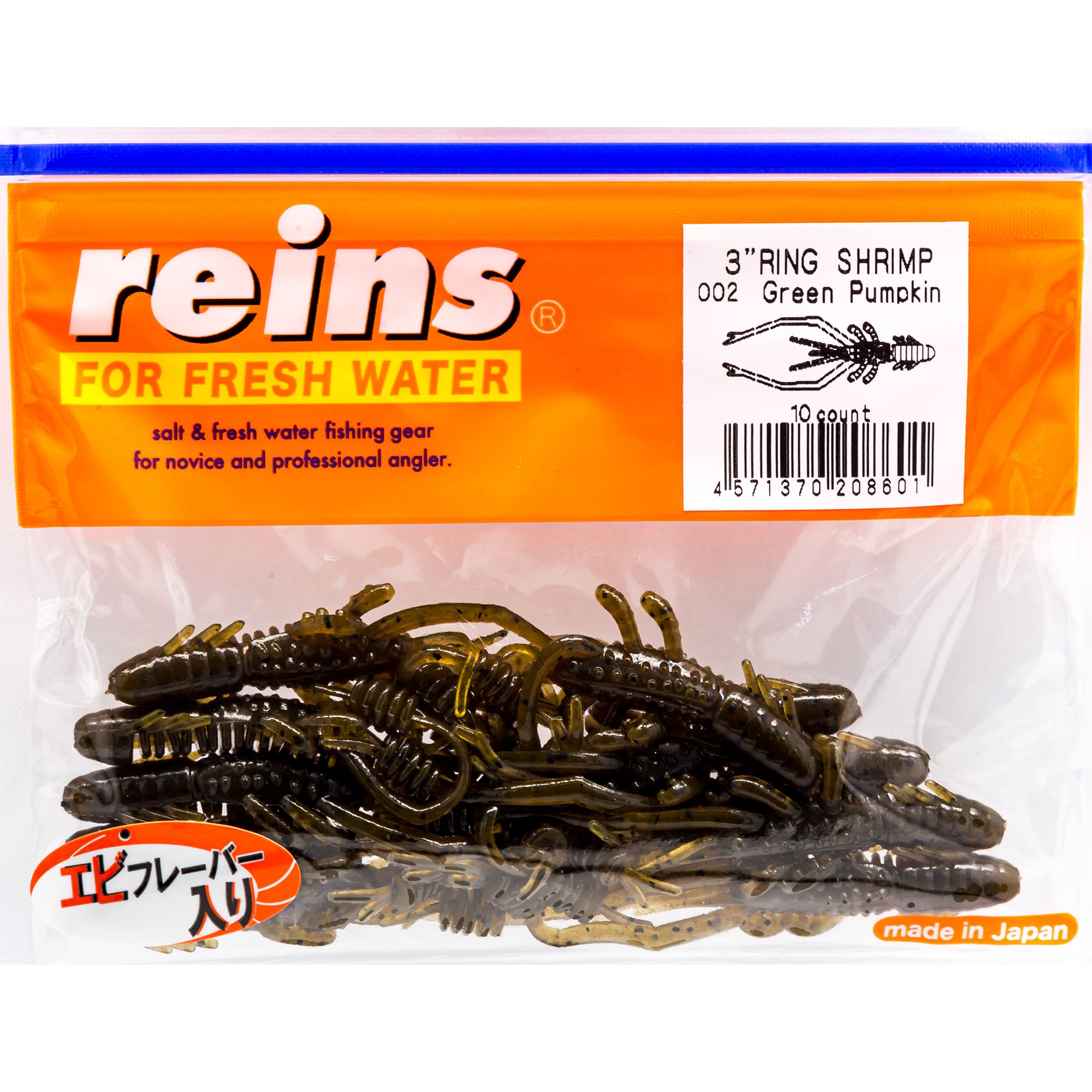 

Силиконовая приманка Reins Ring Shrimp 75 мм цвет 002 Green Pumpkin 12 шт, Ring Shrimp