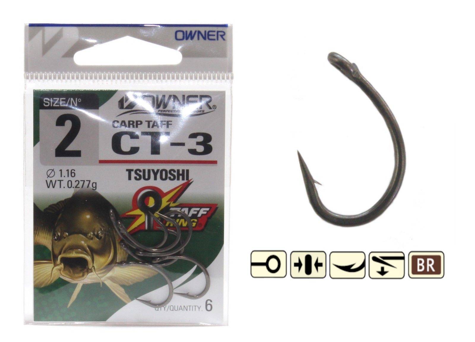 

Одинарные крючки Owner Curve Shank №2 BR, с колечком, прямое острие, с бородкой, Серый