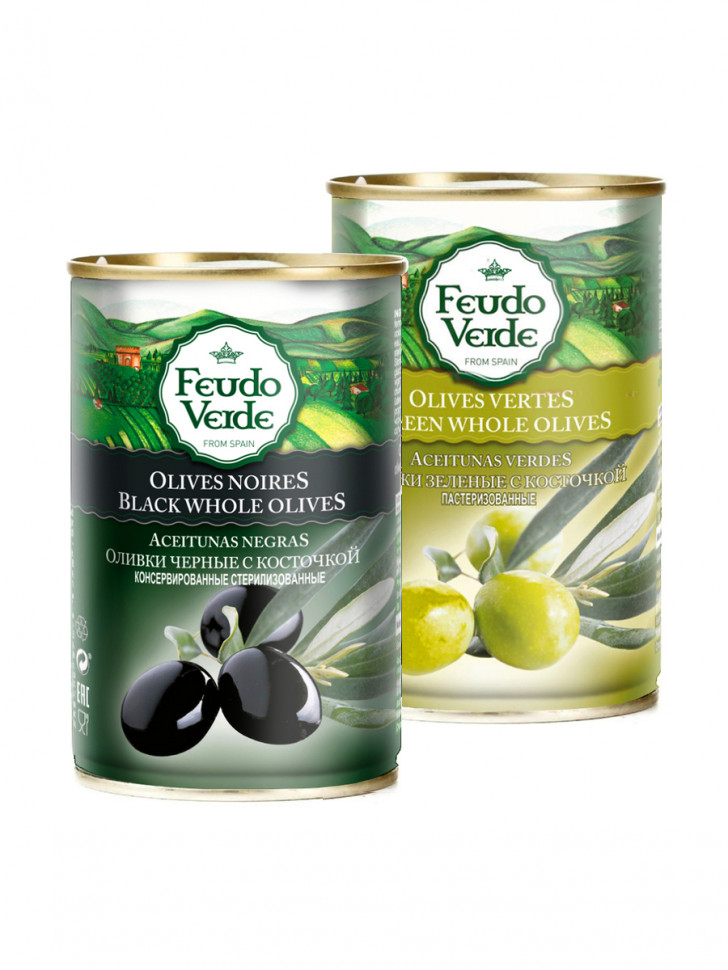 

Оливки Feudo Verde зелёные с косточкой и чёрные с косточкой 300 мл*2шт