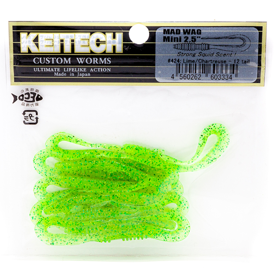Силиконовая приманка Keitech Mad Wag Mini 2.5 дюйма 424 Lime Chartreuse 12 шт