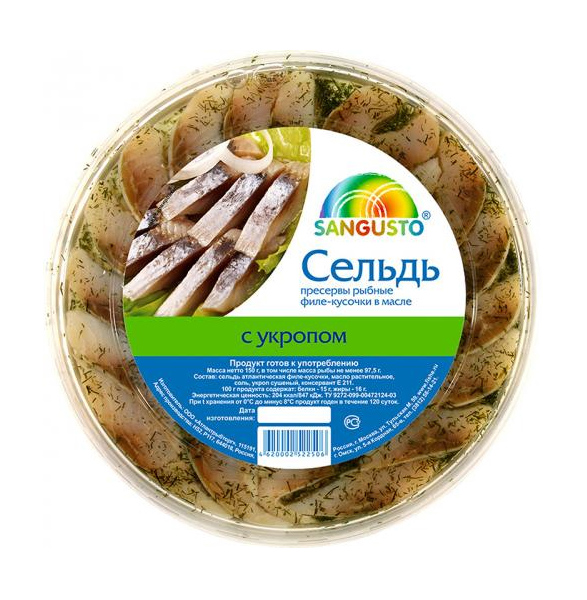 

Сельдь Sangusto филе-кусочки в масле с укропом 150 г