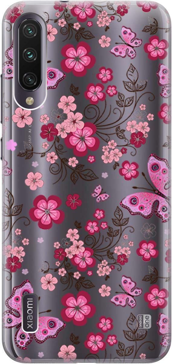 

Чехол на Xiaomi Mi A3 "Butterflies and Flowers" прозрачный, Прозрачный;розовый, 703