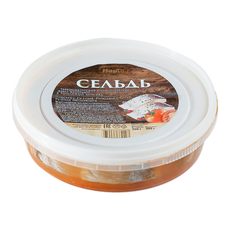 

Сельдь Марти слабосоленая кусочки филе в томатной заливке 400 г