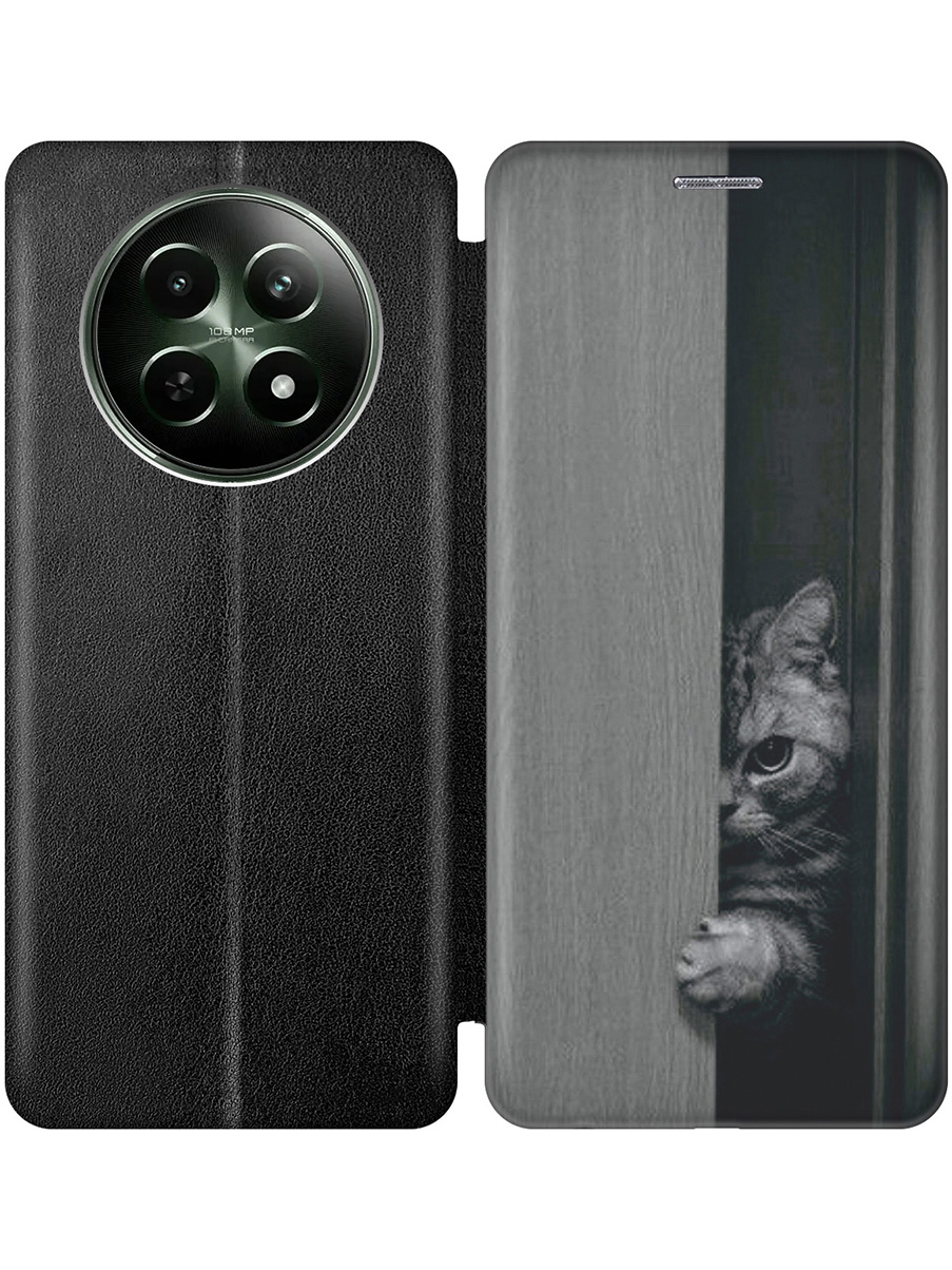 

Чехол-книжка на Realme 12 5g с принтом "Подглядывающий котик" черный, Черный;белый;серый, 783982612