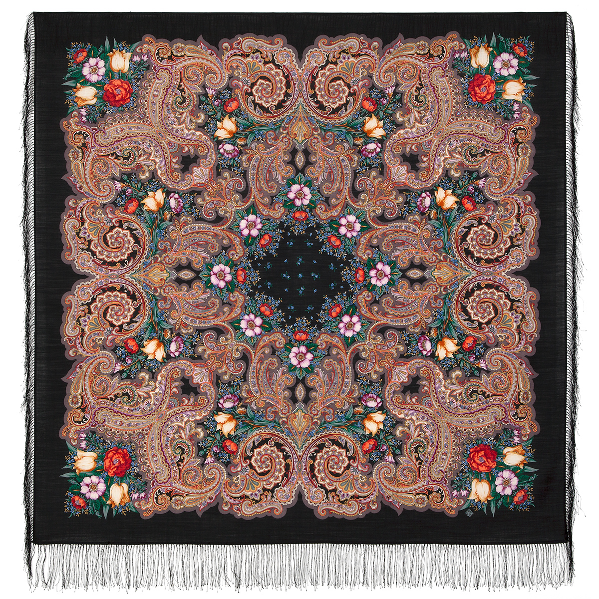 Платок женский Павловопосадский платок 1885 черный/коричневый/зеленый/красный, 146х146 см