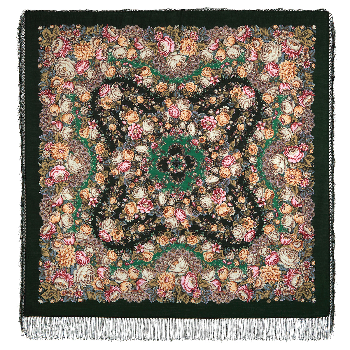 Платок женский Павловопосадский платок 1797 темно-зеленый/бежевый/розовый, 146х146 см
