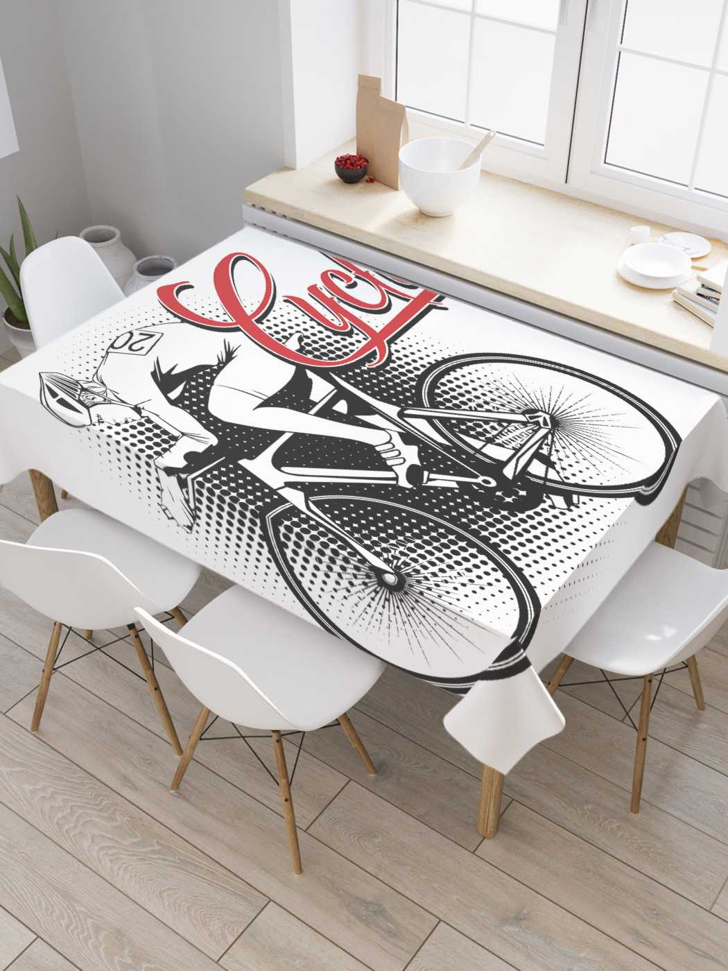 фото Скатерть прямоугольная joyarty "езда на велосипеде" из сатена, 120x145 см