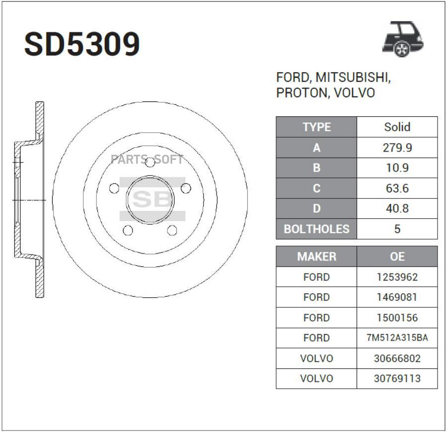 

Sangsin Brake Sd5309 Диск Тормозной Ford Focus 04-/08-/Volvo C30/C70 Задний 1шт