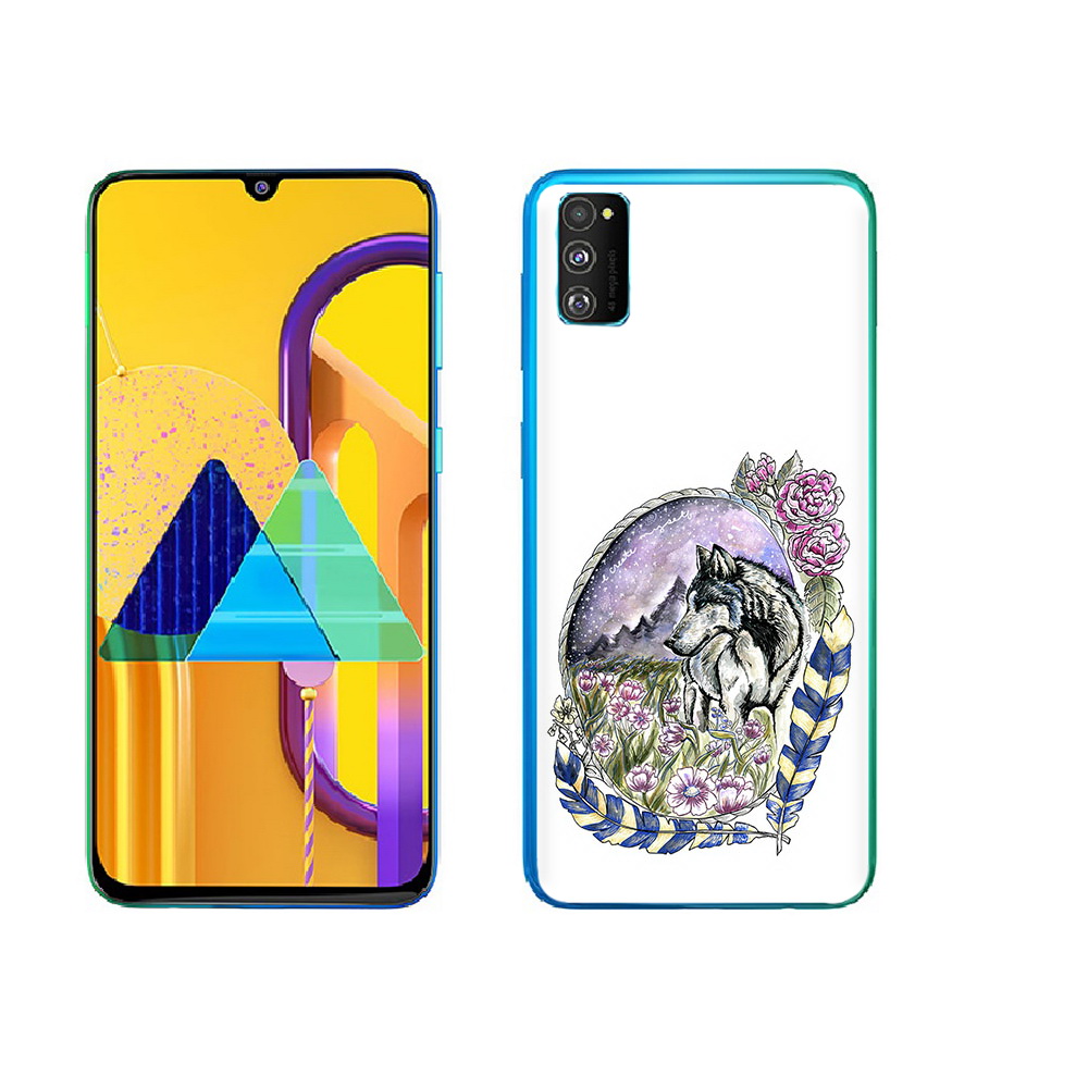 

Чехол MyPads Tocco для Samsung Galaxy M23 нарисованный волк в цветах с перьями, Прозрачный, Tocco