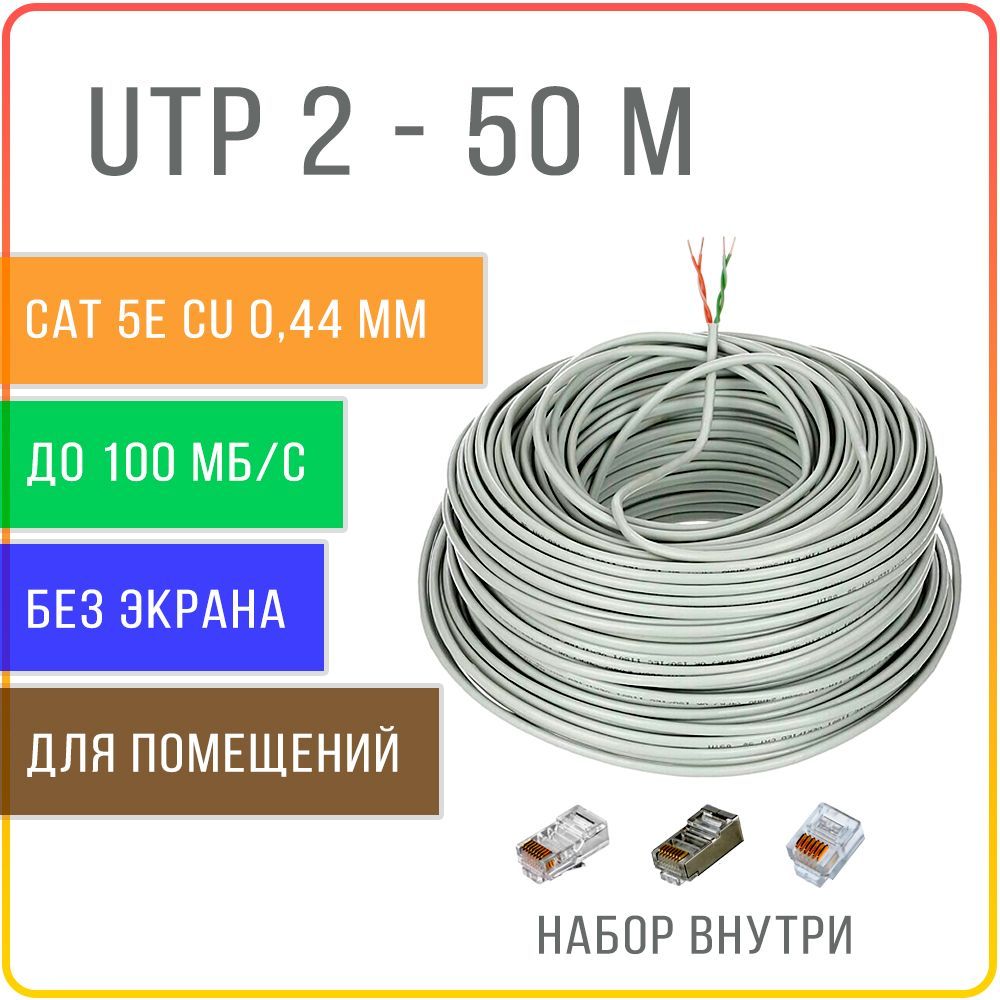 Кабель витая пара медный Kreppy UTP 2 Cat 5E для интернета, внутренний, жила 0,44 50 м.