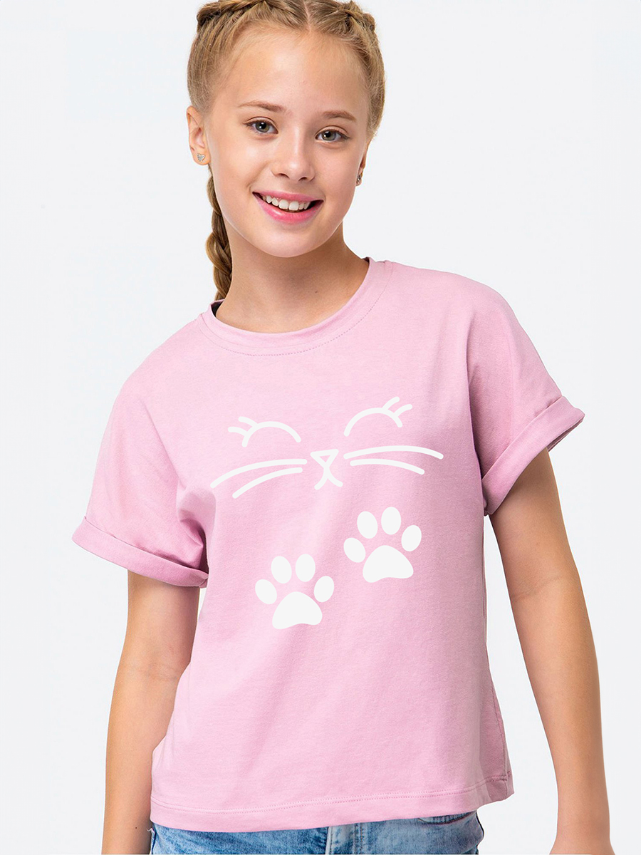 

Футболка для девочки HappyFox детская с надписью HF4444P кот с лапками св розовый, 128, HF4444P