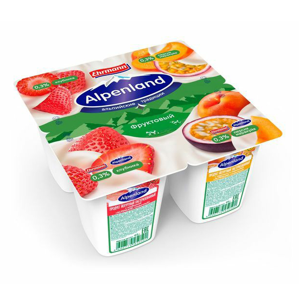 Йогуртный продукт Alpenland клубника персик-маракуйя 0,3% БЗМЖ 95 г