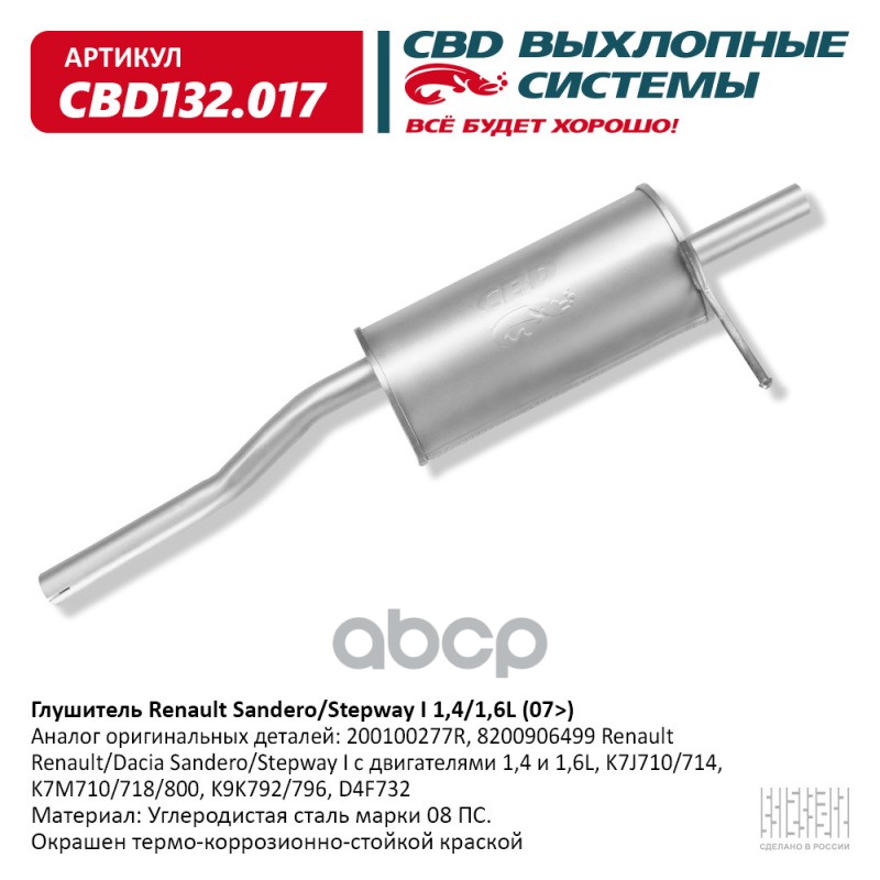 

Глушитель Renault Sandero/Stepway I 1,4/1,6l (07) Cbd132.017 CBD арт. CBD132.017