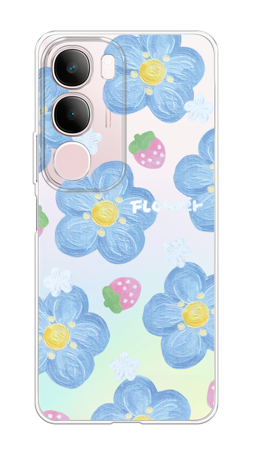 

Чехол на Vivo Y19s "Цветы и клубники", Прозрачный;голубой;белый, 2612350-1