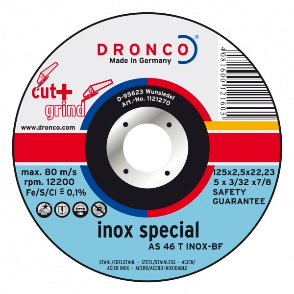 

Диск отрезной по нержавейке 125х2,5x22,23 мм. DRONCO AS 46 T Inox C&G, special, 1123270100