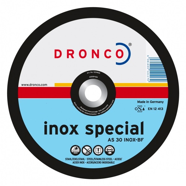 

Диск отрезной по нержавейке 230х2,5x22,23 мм. DRONCO AS 30 Inox, 1231906100