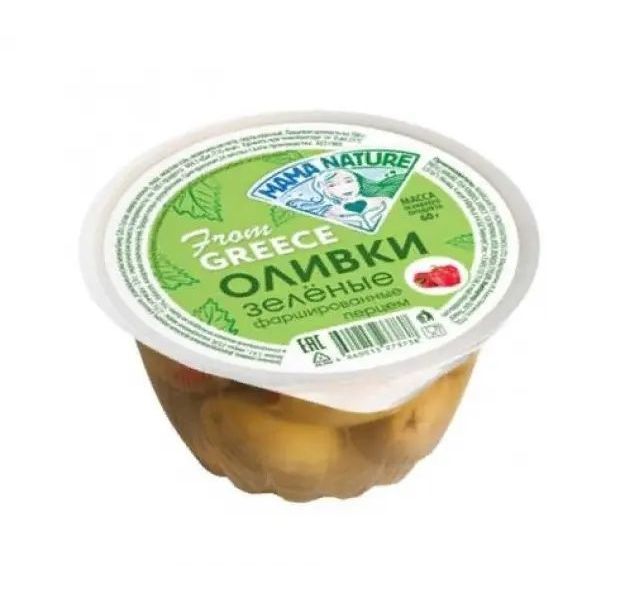 

Оливки Mama Nature зеленые фаршированные перцем 120 г
