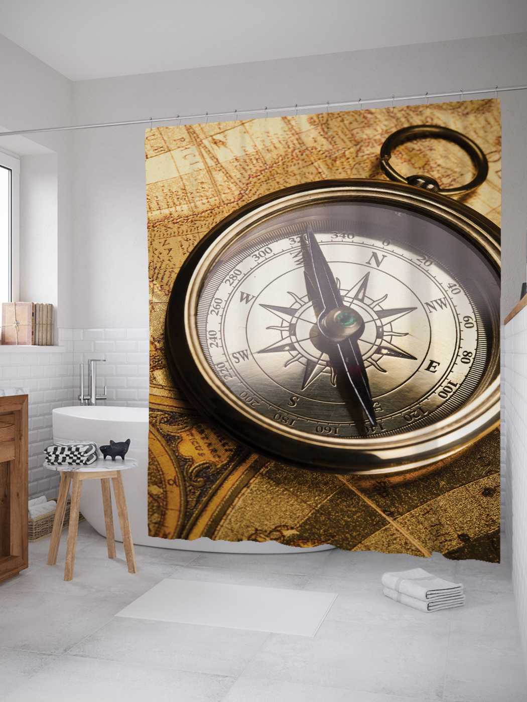 

Штора (занавеска) для ванной JoyArty "Антикварный компас" из сатена, 180х200 см с крючками