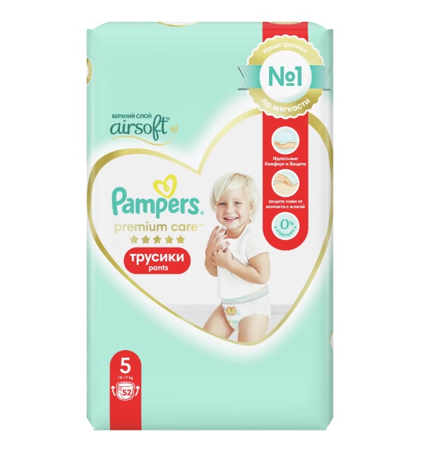 Подгузники-трусики Pampers Premium Care 5 12-17 кг, 52 шт подгузники трусики pampers premium care трусики размер 5 34 трусиков 12кг 17кг