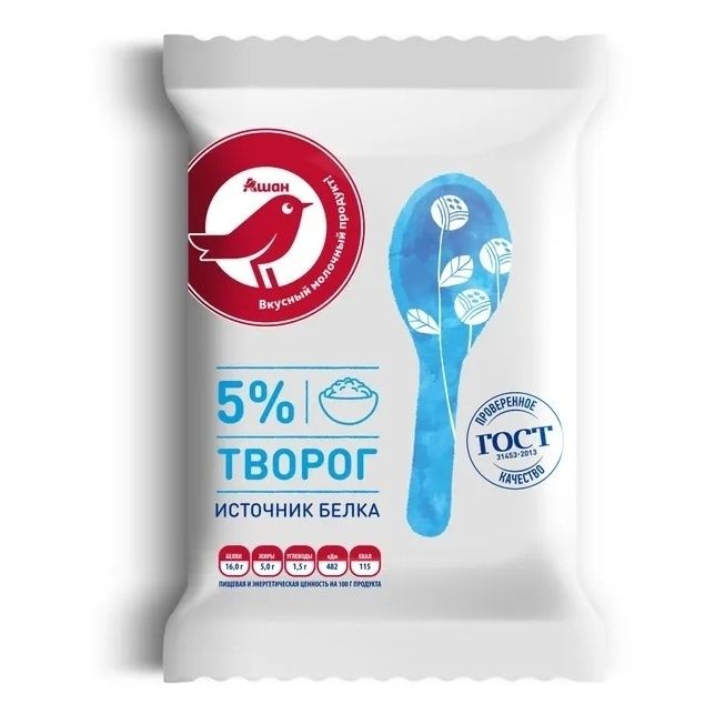 

Творог АШАН Красная птица 5% БЗМЖ 180 г