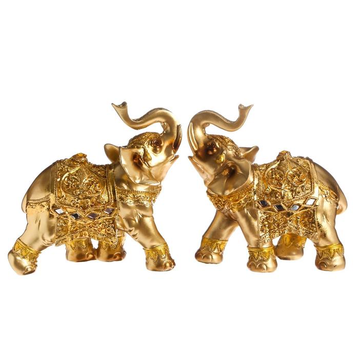 

Сувенир полистоун Слоны в золотых доспехах набор 2 шт 15х15х6,5 см